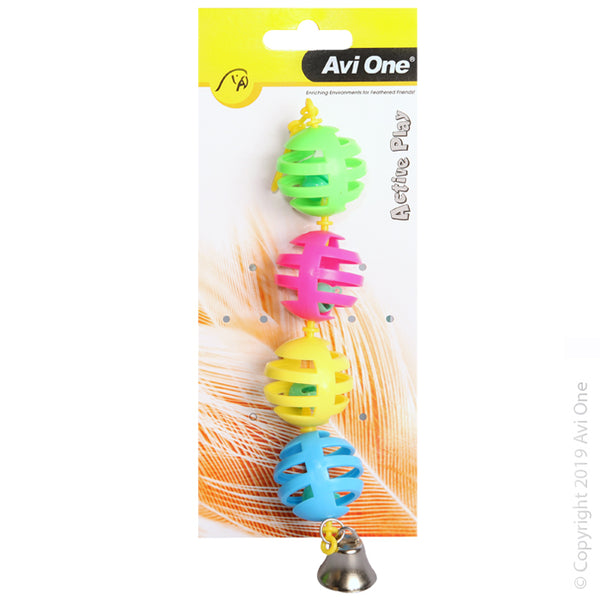 Bird Toy Geo Balls with bell. Avi One Bird Toys are designed to provide enrichment and entertainment for your avian pet. Providing environmental enrichment for your pet bird enhances their quality of life, instincts and overall health and wellbeing.  Create different activities for your bird by introducing a variety of toys and accessories such as bells, mirrors, ladders and swinging perches.
