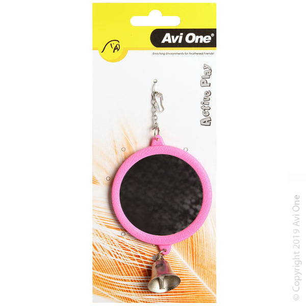 Bird Toy Round Mirror with bell 7.7cm. Bird toys encourage exercise and enrichment to keep your bird mentally stimulated Playtime can decrease stress and boredom and provide a sense of independence in your bird Fun and colourful design will look great in any cage Provides endless hours of enjoyment for you and your bird Easily attaches to your birds cage Durable bird safe construction