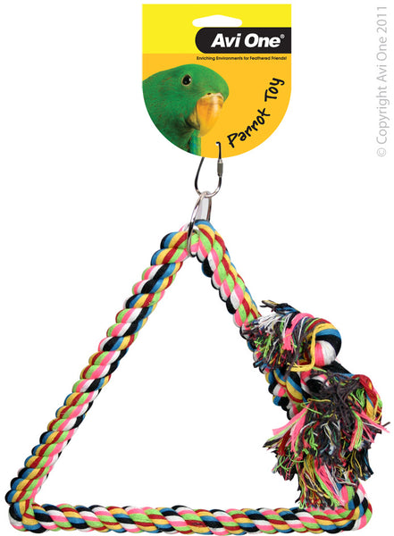 Keep your birds entertained with the AviOne Parrot Toy Tri Angle Rope Swing 20mm x 35cm L   Avi One Parrot Toy Range  • Extensive range of toys. • Highly stimulating and colourful - looks great in any cage. • Provide endless hours of enjoyment for you and your pet.  Suitable for Larger Birds