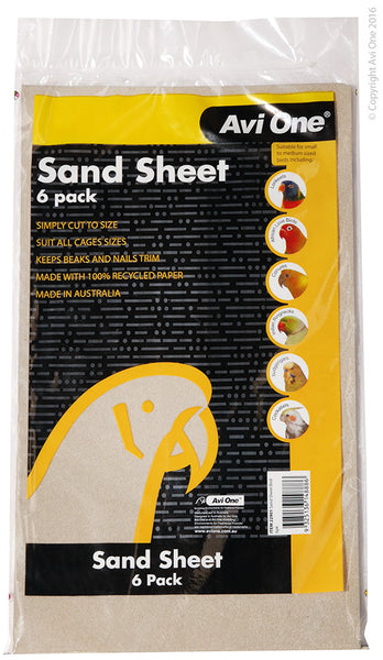 Avi One Sand Sheet Bird 6PK. The Avi One Sand Sheets are designed to be placed at the bottom of your bird cage. While your bird is walking on the sand, it will assist in trimming down your birds claws and beak naturally. The sheets are made from 100% recycled paper and are Australian made.