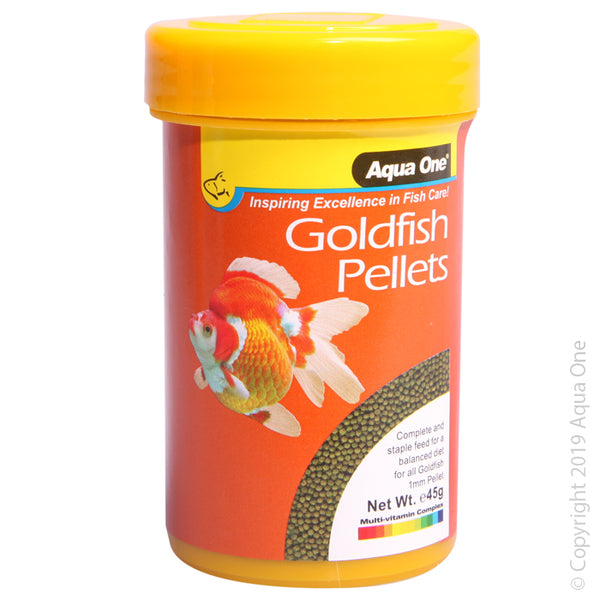 Aqua One Goldfish Pellet Food 1mm 45g. Aqua One Fish Food provides your fish with a naturally composed diet that will maintain energy levels, boost their immune system and enhance their natural colours. Containing essential nutrients that are easily digestible, Aqua One Fish Food is suitable for daily use.  Aqua One Goldfish Pellets are intended for the daily feeding of all species of Goldfish.