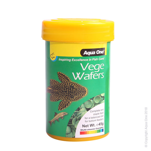 Aqua One Vege Wafer Food 45g. Aqua One Fish Food provides your fish with a naturally composed diet that will maintain energy levels, boost their immune system and enhance their natural colours. Containing essential nutrients that are easily digestible, Aqua One Fish Food is suitable for daily use