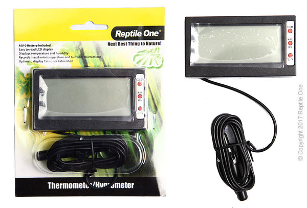 The Reptile One Digital Thermometer & Hygrometer makes it simple to monitor the temperature and humidity within your terrarium or vivarium, in turn ensuring perfect conditions for your reptile.  A small digital thermometer with a water-proof probe that can be placed anywhere in your enclosure. Great for enclosures with land and water areas.