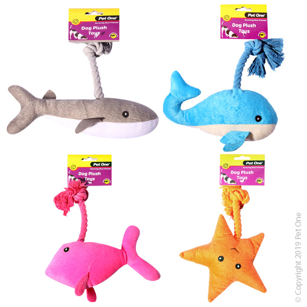 Dog Toy Plush Aquatic Animals Mixed Style/Colours 4pk 18cm. Features & Benefits:  Bright Colourful and plush variety with a soft squeak. Plush toys are ideal for fetching, and snuggling. This comforting soft toy will retain your pets scent and keep them coming back to it again and again. Interactive dog toys can assist in relieving boredom and decreasing anxiety. Provides hours of fun and physical activity for your pet. Non-toxic. Suitable for: Dogs.