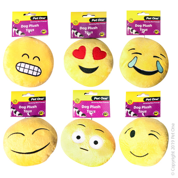 Dog Toy Plush Emoji's Mixed Style/Colours 6pk 12.5cm. Features & Benefits:  Bright Colourful and plush variety with a soft squeak. Plush toys are ideal for fetching, and snuggling. This comforting soft toy will retain your pets scent and keep them coming back to it again and again. Interactive dog toys can assist in relieving boredom and decreasing anxiety. Provides hours of fun and physical activity for your pet. Non-toxic. Suitable for: Dogs.