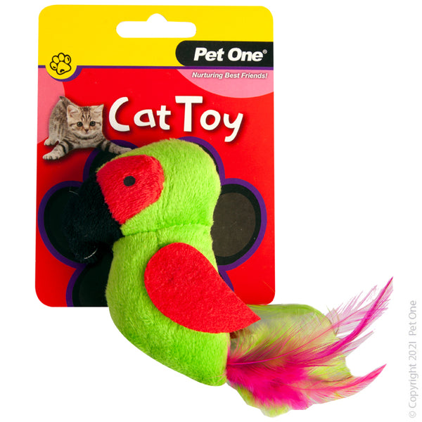 10CM Plush Parrot Green Cat Toy. Pet One Pet Toys provide endless hours of entertainment along with physical and mental stimulation for your pet.  Featuring various textures, shapes and noises, each toy will retain your pets’ scent and keep them coming back to snuggle and play.