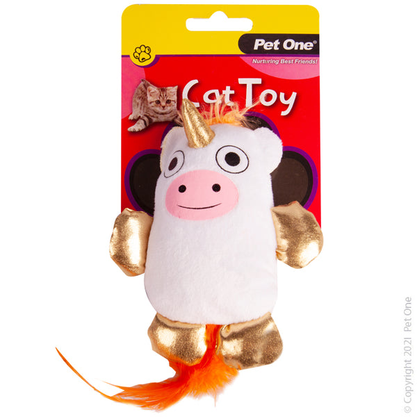 10.5CM Plush Moonicorn with Feather Cat Toy. Pet One Pet Toys provide endless hours of entertainment along with physical and mental stimulation for your pet.  Featuring various textures, shapes and noises, each toy will retain your pets’ scent and keep them coming back to snuggle and play.