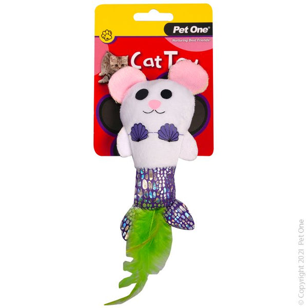 14CM Plush Mermouse with Feather Cat Toy. Pet One Pet Toys provide endless hours of entertainment along with physical and mental stimulation for your pet.  Featuring various textures, shapes and noises, each toy will retain your pets’ scent and keep them coming back to snuggle and play.