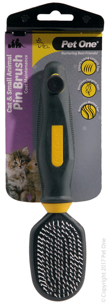 Cat & Small Animal Plastic Pin Brush. Features & Benefits:  Removes tangled and mildy matted hair Removes dirt build up under your cat or small animals coat Regular combining stimulates skin & hair follicles leaving your cat or small animals with a healthy & shiny coat Suitable for: Cats & Small Animals with Short, Medium & Long Hair