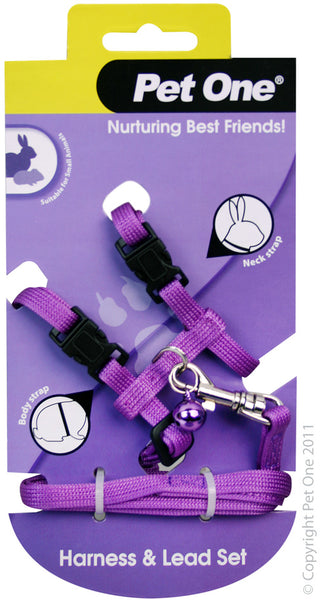 Leash & Harness Rabbit, Guinea Pig, Ferret Purple. Walking your small animal keeps them happy and healthy! So Pet One has made a Harness & Lead Set for your small animal to make this task an easy feat.  With the comfort of an adjustable, sturdy and lightweight harness to avoid strain on your pet it makes walking a pleasure.