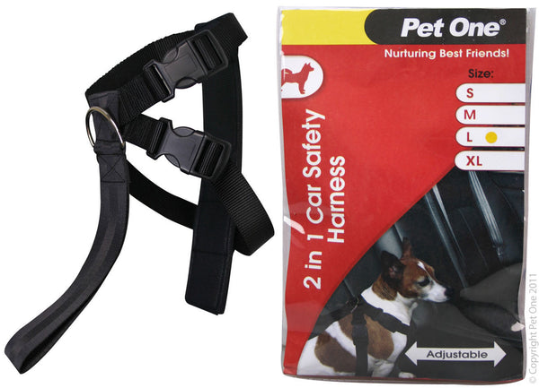 Pet One Harness - Nylon 2 in 1 car safety size L. Features & Benefits:  Secure your dog and prevent unnecessary driver distractions Two in one functionality includes; Seat belt fitment option to use your car’s seat belt or Pet Ones Car Seat Belt Leash For added safety, the main strap on the harness is made of the same high density woven material as your vehicles seat belt