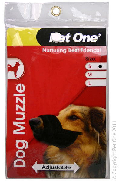 Pet One Muzzle - Nylon Adjustable (S) Black  A comfortable but effective muzzle designed for your dog to provide security and safety. Taking your dog for a walk or to the park is no longer a worry with this specially designed adjustable muzzle.