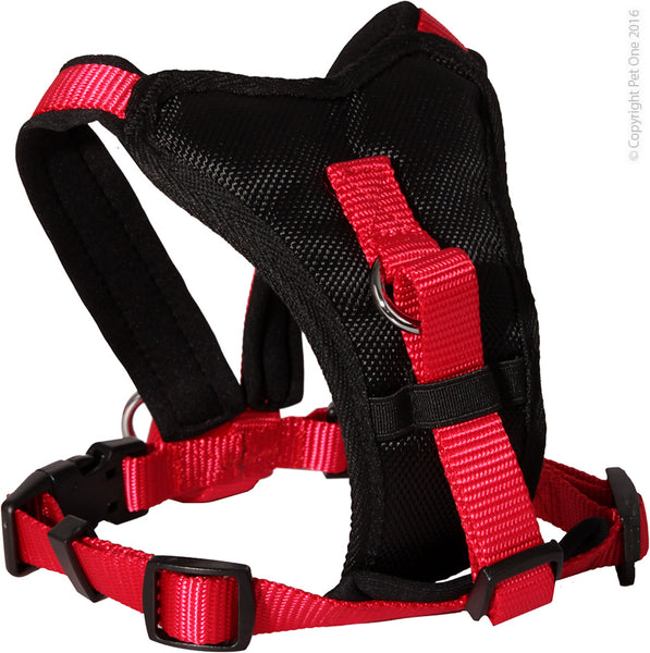 Pet One Harness - Comfy 38 - 46cm Padded 15mm Black Red  Pet One Comfy Lead and Harness range provides durability, comfort and style for your pet.  Pet One has an extensive range of Leads and Harnesses available. You are sure to find an accessory to suit the breed and personality of your pet, and ensure they strut their stuff in style!