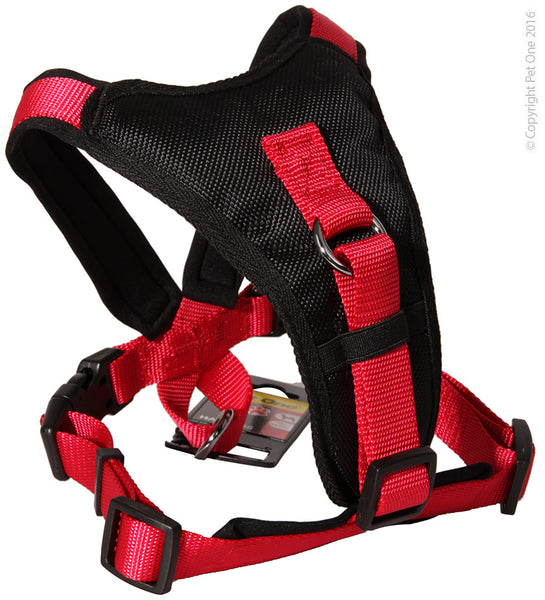 Pet One Harness - Comfy 54 - 66cm Padded 20mm Black Red  Pet One Comfy Lead and Harness range provides durability, comfort and style for your pet.  Pet One has an extensive range of Leads and Harnesses available. You are sure to find an accessory to suit the breed and personality of your pet, and ensure they strut their stuff in style!
