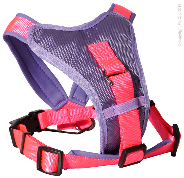 Pet One Harness - Comfy 54 - 66cm Padded 20mm Pink Purple  Pet One Comfy Lead and Harness range provides durability, comfort and style for your pet.  Pet One has an extensive range of Leads and Harnesses available. You are sure to find an accessory to suit the breed and personality of your pet, and ensure they strut their stuff in style!