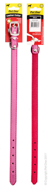 Pet One Collar - Leather 30 cm Pink. Features & Benefits:  Leather gets softer and more attractive over time Soft yet strong texture makes it hard wearing Heavy duty nickel plated fittings plus Dring Studded buckles for extra strength Adjustable in small increments to ensure a perfect fit for your pet