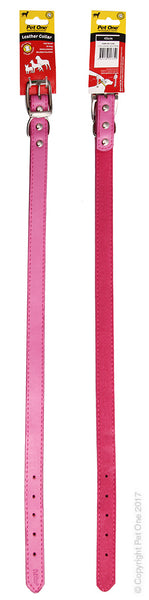 Pet One Collar - Leather 45cm Pink. Leather gets softer and more attractive over time Soft yet strong texture makes it hard wearing Heavy duty nickel plated fittings plus Dring Studded buckles for extra strength Adjustable in small increments to ensure a perfect fit for your pet Available in a variety of colours and sizes