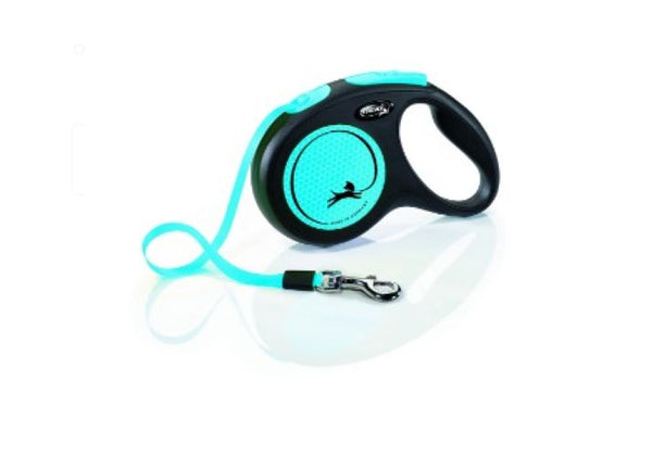 Flexi New Neon - 5m Tape (M) Retractable Leash Blue. Key Benefits:  Reflective stickers reflect headlights from over 150 metres away, making you and your dog more visable.  Runs smoothly in and out so that your dog can roam freely, or be restrained at the perfect length. Short-stop one-handed braking system is reliable and makes it possible to direct your pup easily. Compatible with the Flexi Multi Box Dog Leash Accessory or Flexi LED Lighting System for added convenience.