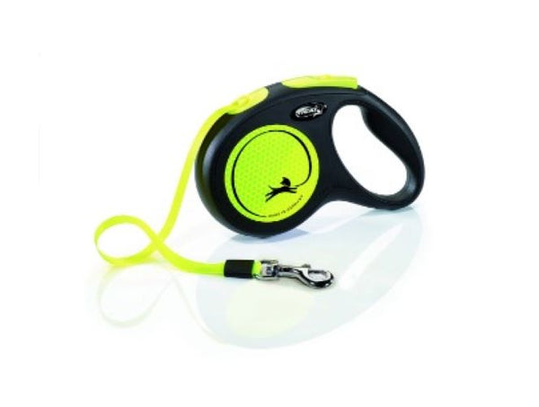 Flexi New Neon - 5m Tape (M) Retractable Leash Yellow. Key Benefits:  Reflective stickers reflect headlights from over 150 metres away, making you and your dog more visable.  Runs smoothly in and out so that your dog can roam freely, or be restrained at the perfect length. Short-stop one-handed braking system is reliable and makes it possible to direct your pup easily. Compatible with the Flexi Multi Box Dog Leash Accessory or Flexi LED Lighting System for added convenience.
