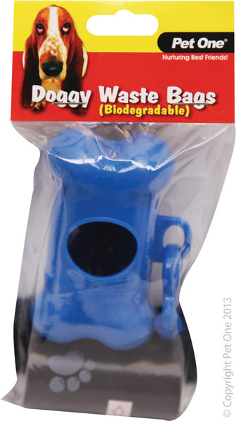 Doggy Waste Biodegradable Bags + Dispenser. Pet One Biodegradable Doggy Waste Bags are a “must-have” when walking your dog. With an easy to use dispenser which clips onto your leash, cleaning up after your beloved pooch has never been simpler!   Features & Benefits:  Quality Biodegradable Convenient