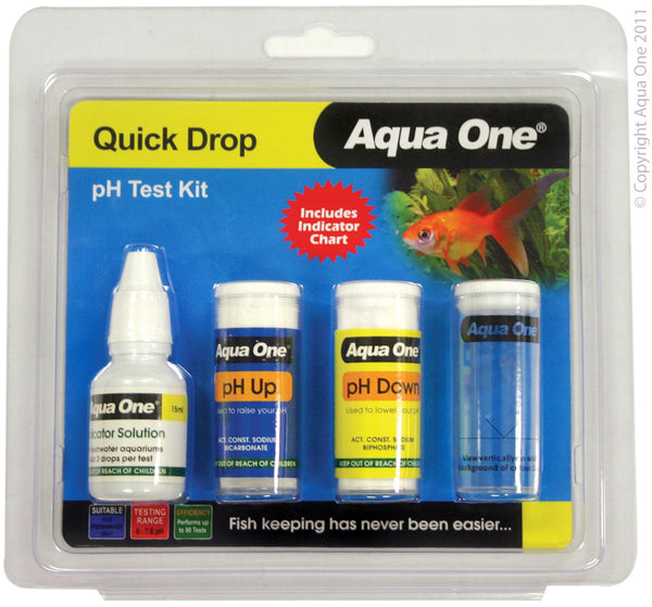 Aqua One QuickDrop Test Kit - PH 6-7.8. Keep the water quality in your aquarium at optimum levels with new Aqua One Quick Drop pH Test Kit. Regular testing and maintenance of water conditions are vital for the health of the fish and plants in your aquarium, so let Aqua One ensure your aquarium environment is kept at its peak!
