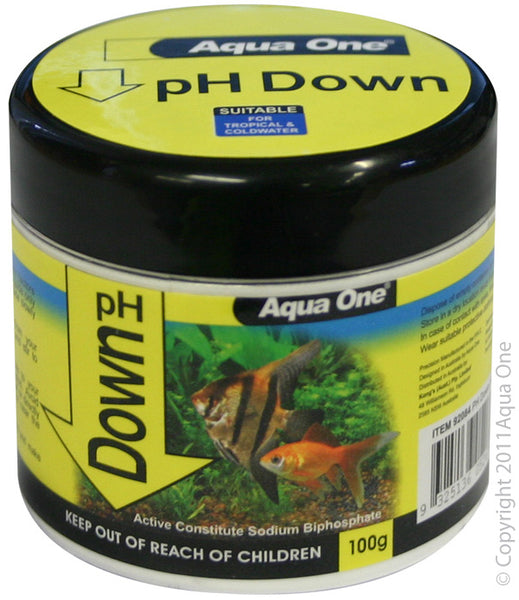 Aqua One PH Down Quickdrop 100g. Keep your aquarium at optimum peak! Maintaining a stable pH is key to a healthy aquarium. Aqua One pH Up & Down allows you to easily adjust the pH levels in the aquarium, keeping your fish happy and healthy in their environment.