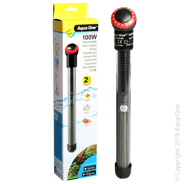 Aqua One 100W ThermoSafe Heater  Maintaining water temperature is an essential requirement for keeping fish happy and healthy, especially in tropical aquariums. Aqua One ThermoSafe heaters are made from high quality quartz which makes them durable and shatter resistant.