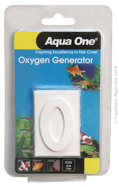 Aqua One O2 Plus Oxygen Block 20g. Aqua One Oxygen Generator block rapidly releases oxygen in water.  Specifications: 20g  Suitable For: Coldwater & Freshwater Tropical