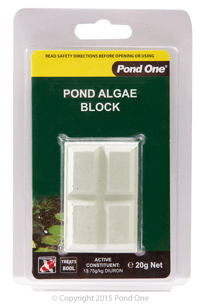 Pond One Pond Algae Block 20g. A conditioning Block that is specially formulated to help keep your Pond water perfectly clean & to also assist in stabilizing your pH. One section treats 200L of Pond water.  A conditioning Block that is specially formulated to help keep your Pond water perfectly clean & to also assist in stabilizing your pH. One section treats 200L of Pond water.