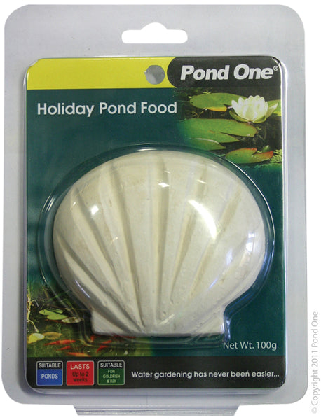Pond One Holiday Fish Food Block 100g. Pond One Holiday Feed Block – Feeds Approx 10 medium sized fish for 2 weeks  Providing a supply of food and other nutrients to fish in ornamental outdoor ponds is made much easier with the Aqua One Pond Feeding Block. This attractive shell shaped block is composed of high quality fish food, the mineral salts Calcium Sulphate,