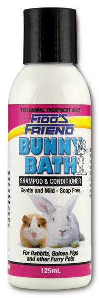 Fidos Bunny Bath 125ml. Fidos Bunny Bath is a soap free shampoo for rabbits and guinea pigs.  DESCRIPTION: A moisturizing shampoo that leaves the coat looking, smelling and feeling good, without drying the skin.  INDICATIONS: Especially suited for cleaning and conditioning of coat and skin for rabbits and guinea pigs.