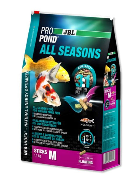 JBL ProPond All Seasons M 6L (1.1kg) Sticks. Complete food with the right protein/fat ratio 3:1 in accordance with the NEO index which takes temperature, function, animal size and age into account With wheat, salmon, spinach and spirulina for vigorous and healthy pond fish (at 10-25 °C water temperature) Food size M (14 mm) for fish 15-55 cm.