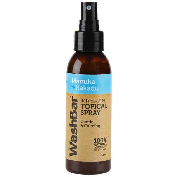 WashBar - Itch Sooth Topical Spray 125ml - Manuka And Kakadu. The spray uses three powerful botanical extracts to help soothe and calm dogs’ itchy, sore skin and stop excessive scratching, chewing, biting and licking:   Anethole (a natural pain relief) Quercetin (a natural antihistamine Vitamin C (a natural healer)  The spray also contains Manuka hydrosol as well as Lavender pure essential oil 