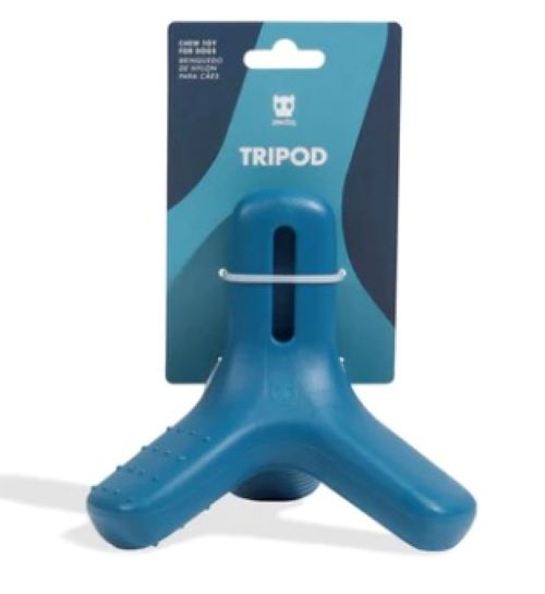 ZEE DOG CHEW TOY - TRIPOD (Medium-large Dogs)  The Zee.dog Tripod dog toy is a durable chew toy for medium to large dogs. Made of 100% nylon, this dog toy has a shape that is easy to grip and is bacon scented for added fun. The textured surface helps clean your dog's teeth. Add your dog's favorite treat to the cavity to keep them engaged.   Durable chew toy for medium to large dogs that's made from 100% nylon Bacon-scented chew toy with a textured surface that helps keep dogs teeth clean