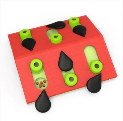 Melon Madness Puzzle & Play Cat Game  * Dual sided game with 6 hidden treat cups  * Inclined surface creates added challenge  * Use for daily feeding to encourage a healthy eating place  * Skill level = intermediate  * Adjust the difficulty of the puzzle to keep challenging your cat  * Specifically designed for cats with shallow treat cups  * Easy to clean  * No removeable parts for safer play  * Made with food safe materials