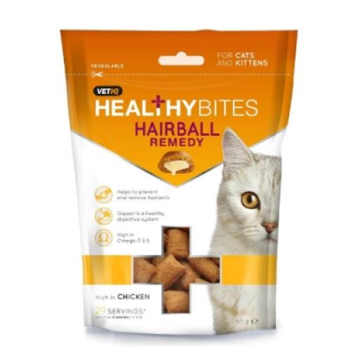 M&C Healthy Bites Hairball remedy 65g  Hairballs can be prevented by frequent grooming and the routine taking of Healthy Bites Hairball Remedy as directed. When cats and kittens lick their fur, that fur may be ingested, which then accumulates in their stomach and forms what is known as a hairball.