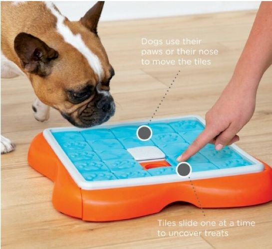 Challenge Slider Interactive Treat Puzzle go Toy  * 24 hidden treat compartments  * dogs move sliders with their paws and nose to reveal treats  * helps reduce destructive behaviour by exercising your dogs mind  * skill level = advanced