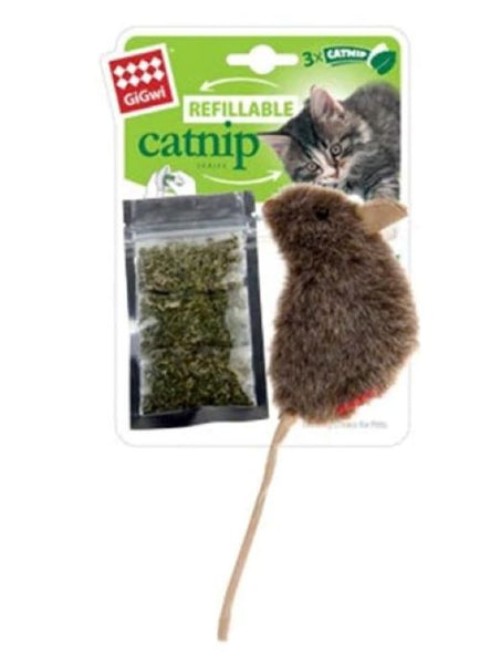 GIGWI REFILLABLE CATNIP TOY MOUSE - NATURAL. Watch as your cat tosses, flips, kicks and enjoys it’s GiGwi catnip toy. GiGwi use top quality, natural catnip from North America. This toy has a special fastener, so that fresh catnip teabags can be added again and again – to last your cat’s nine lives. GiGwi refillable catnip toys include 3 catnip teabags which are zip-locked for maximum freshness and aroma. Cute multi-colour patchwork design.