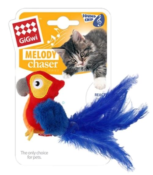 Gigwi Melody Chaser Cat Toy - Parrot  GiGwi Melody Chaser cat toys make lifelike sounds after the toy has been activated by movement. They are designed to satisfy your cats hunting instinct and to keep it on its paws. Remove the plastic cord to activate the toy and watch the chase begin!