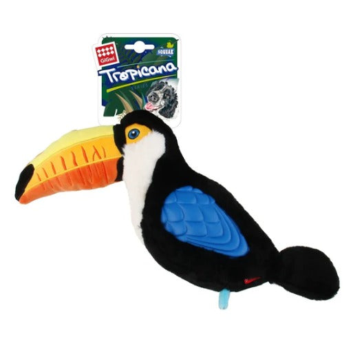 Gigwi Tropicana Dog Toy - Black Toucan  GiGwi Tropicana Plush toys are ideal to fetch, snuggle, or chew. The soft toy retains your pet’s scent to keep him coming back to it again and again. Cute, soft and cuddly. Featuring the charming design and made from quality, nontoxic materials and tough TPR rubber wings.