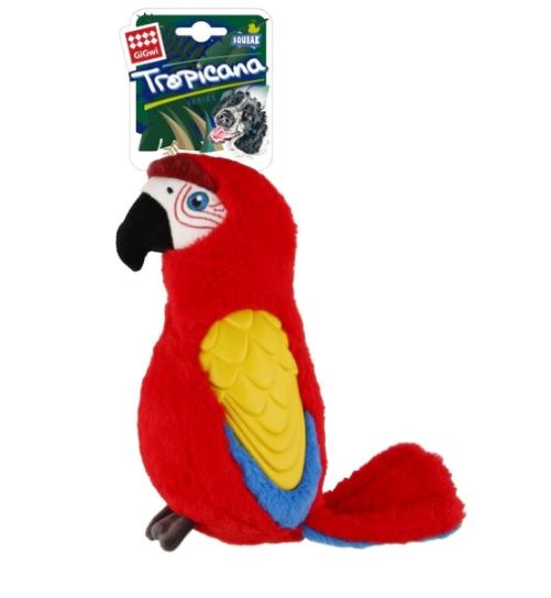 Gigwi Tropicana Dog Toy - Red Parrot  GiGwi Tropicana Plush toys are ideal to fetch, snuggle, or chew. The soft toy retains your pet’s scent to keep him coming back to it again and again. Cute, soft and cuddly. Featuring the charming design and made from quality, nontoxic materials and tough TPR rubber wings. 