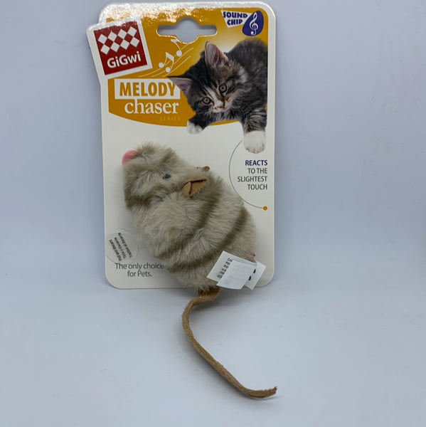 Gigwi Melody Chaser Cat Toy Mouse. GiGwi Melody Chaser cat toys make lifelike sounds after the toy has been activated by movement. They are designed to satisfy your cats hunting instinct and to keep it on its paws. Remove the plastic cord to activate the toy and watch the chase begin!