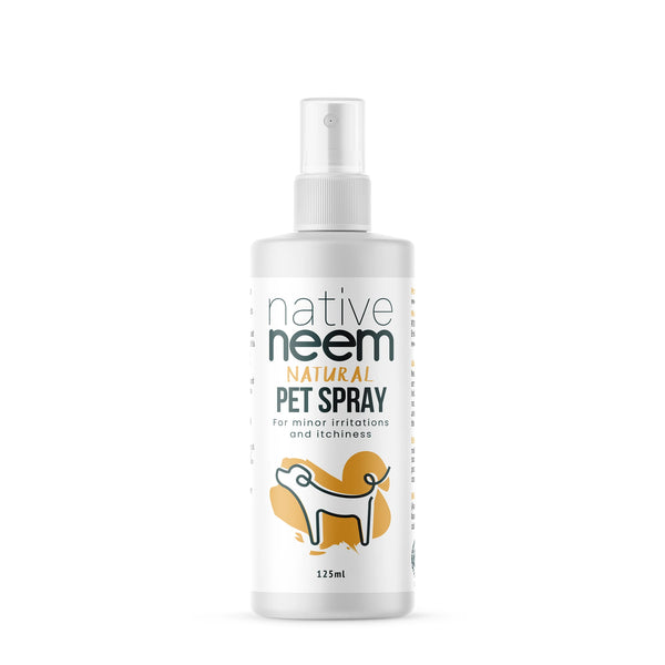 Organic Neem Pet Spray 125ml. Neem is a natural tonic for your pet's skin and fur, providing a lustrous problem-free coat. it is very effective and safe for use on puppies, kittens and safe to children handling pets. Native Neem organic neem pet spray is made with certified organic Neem oil and produced using the natural emulsifiers, making it chemical free. No synthetic colors fragrance or preservatives used. Made with certified organic ingredients. Its a great soothing agent