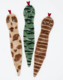 This trio of Desert Snakes critters is ready for some squeaking, tugging, and fetching fun! And with no stuffing, Skinny Peltz produce less mess if torn apart.

ZippyPaws Skinny Peltz are no-stuffing plush dog toys that provide hours of squeaking fun! This set includes 3 large Deserts Snakes Skinny Peltz. Each toy includes 3 round squeakers.

Multi-pack: includes 3 snake toys
Squeaker: 3 round squeakers in each snake
Each toy size: 45 x 10cm