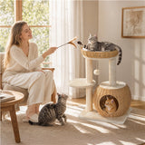 Yaheetech Compact Rattan Cat Condo — Cat Tree with Condo, Top Basket & Scratching Post