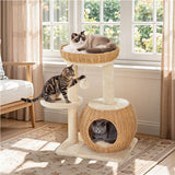 Yaheetech Compact Rattan Cat Condo — Cat Tree with Condo, Top Basket & Scratching Post