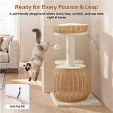Yaheetech Compact Rattan Cat Condo — Cat Tree with Condo, Top Basket & Scratching Post