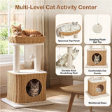 Yaheetech Rattan Cat Tree — Two-Tier Cat Tower with Woven Basket Perch, Condo & Dangling Ball Toy