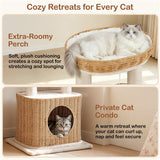 Yaheetech Rattan Cat Tree — Two-Tier Cat Tower with Woven Basket Perch, Condo & Dangling Ball Toy
