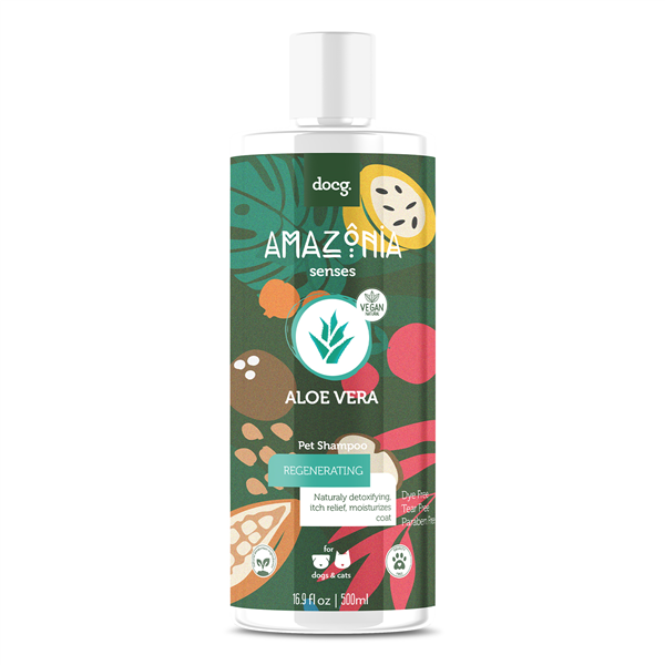 Amazonia Aloe Vera pet shampoo bottle with colorful label on a white background